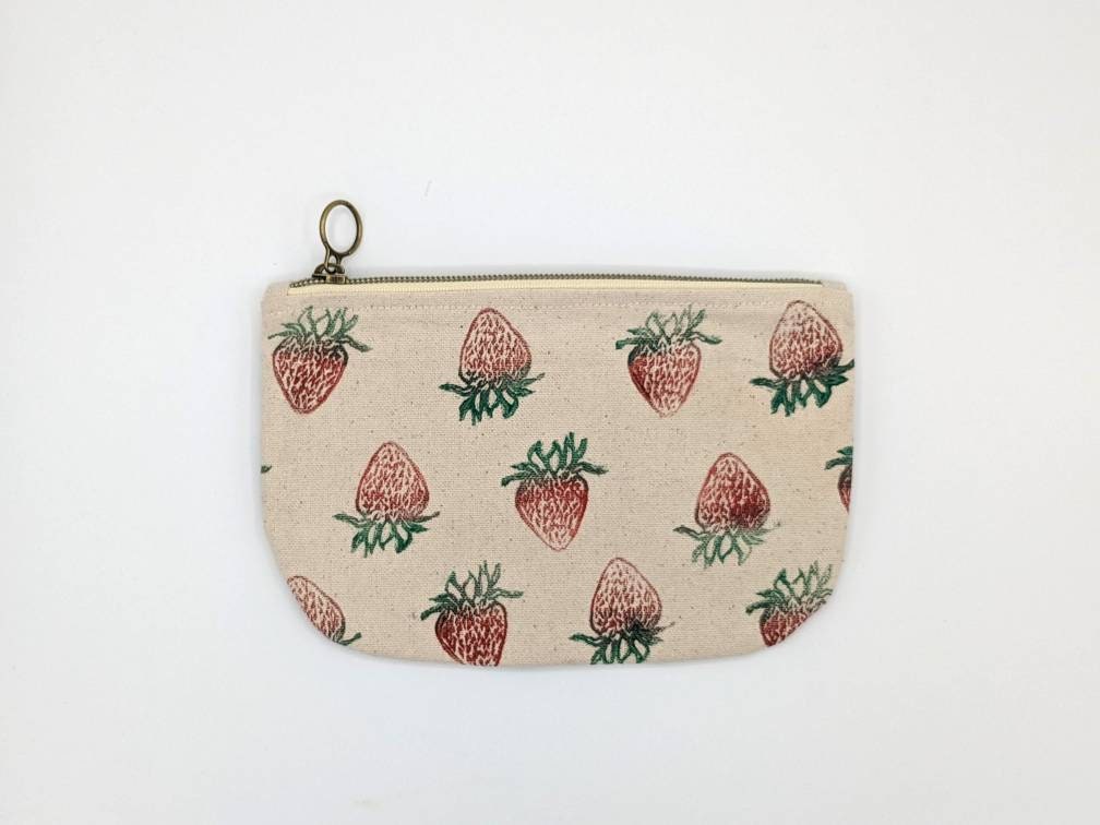 Strawberry Block Printed Handmade Half Moon Zip Pouch – Querida