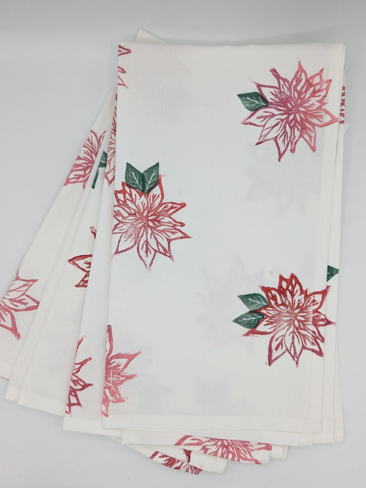 Poinsettia Block-Printed Kitchen Towel