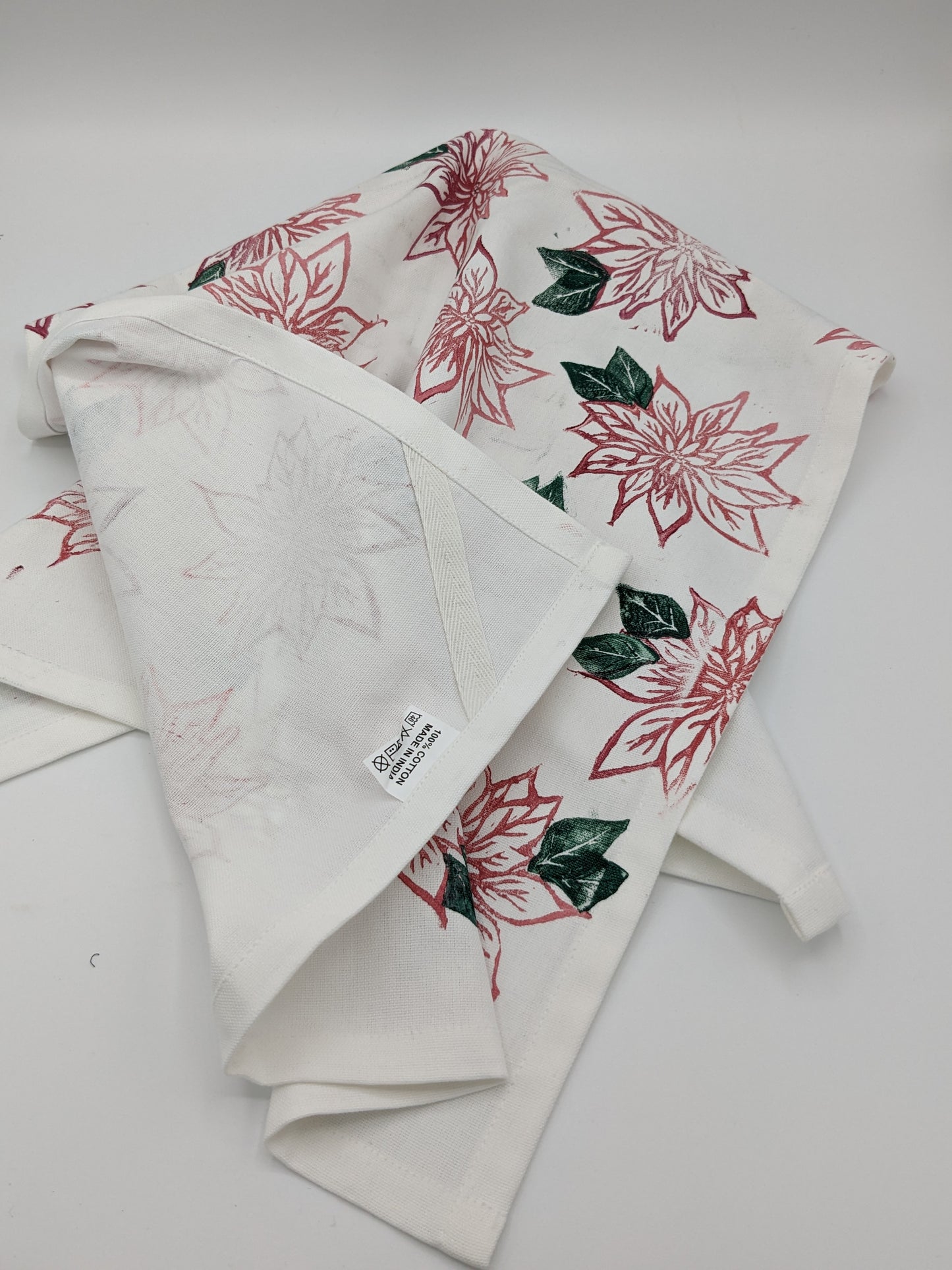 Poinsettia Block-Printed Kitchen Towel