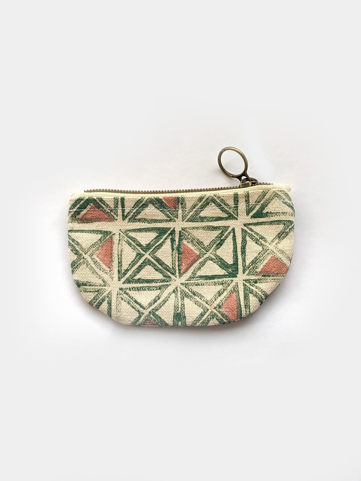 Half Moon Mini Pouch, Triangles Green and Pink Block Printed