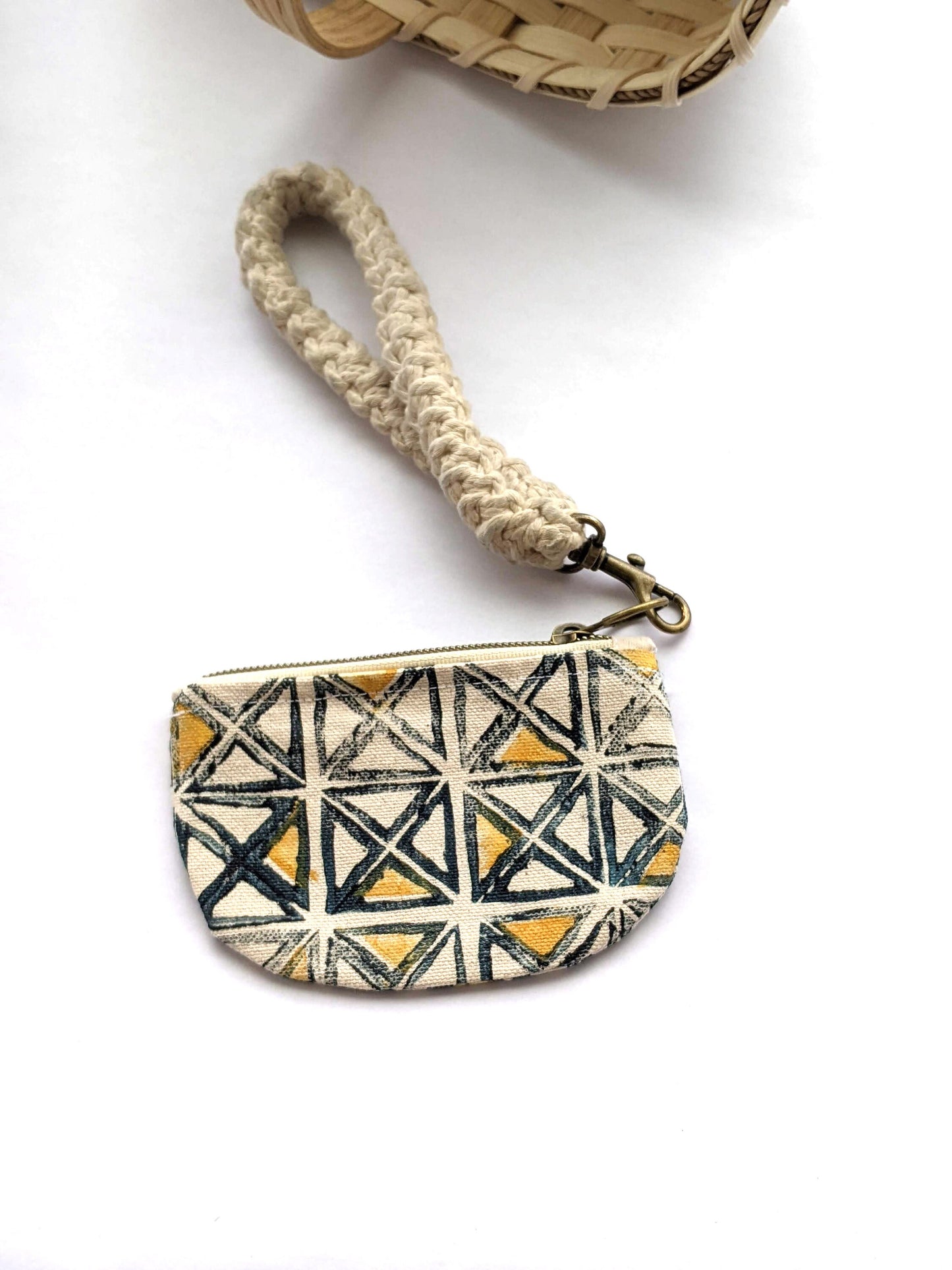 Half Moon Mini Pouch, Triangle Indigo and Yellow Block Printed