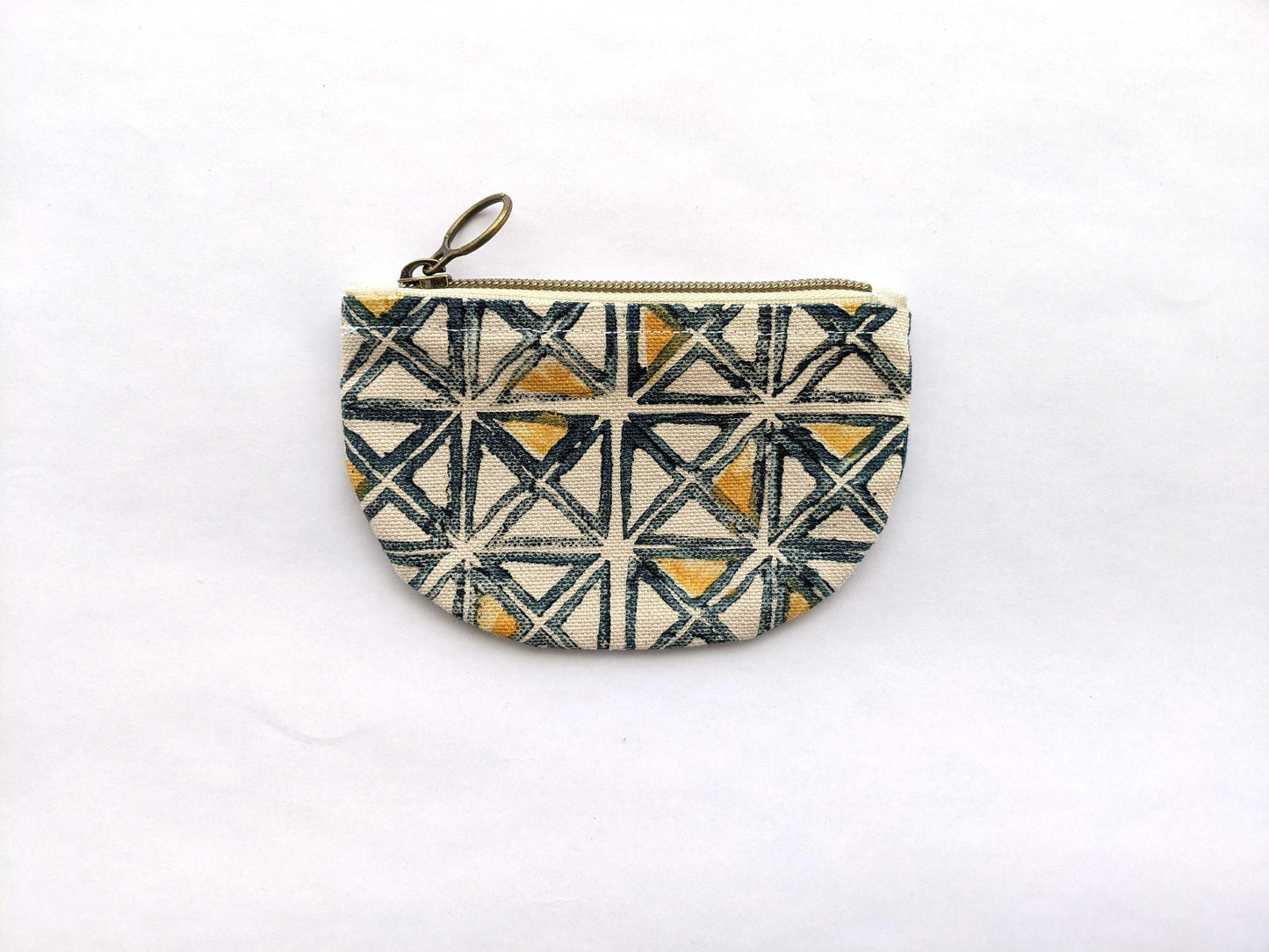 Half Moon Mini Pouch, Triangle Indigo and Yellow Block Printed