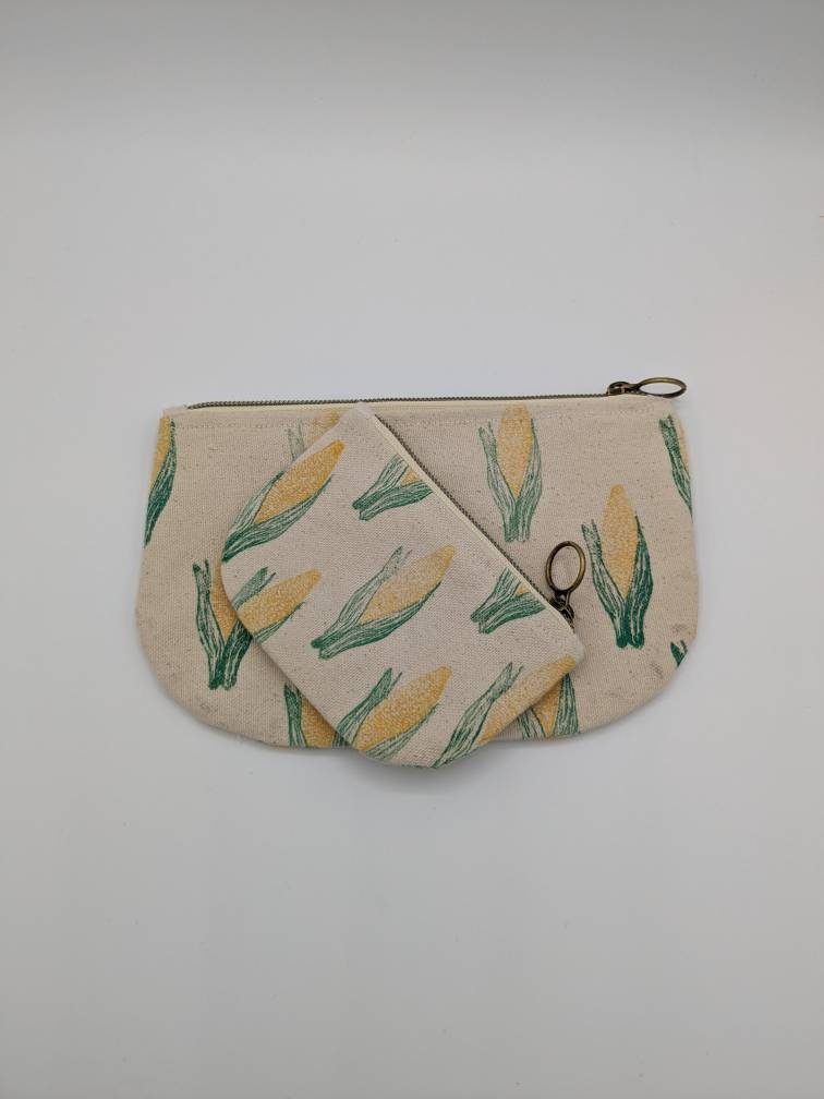 It's Corn! Half Moon Mini Zip Pouch - Block Printed Ear of Corn Pouch