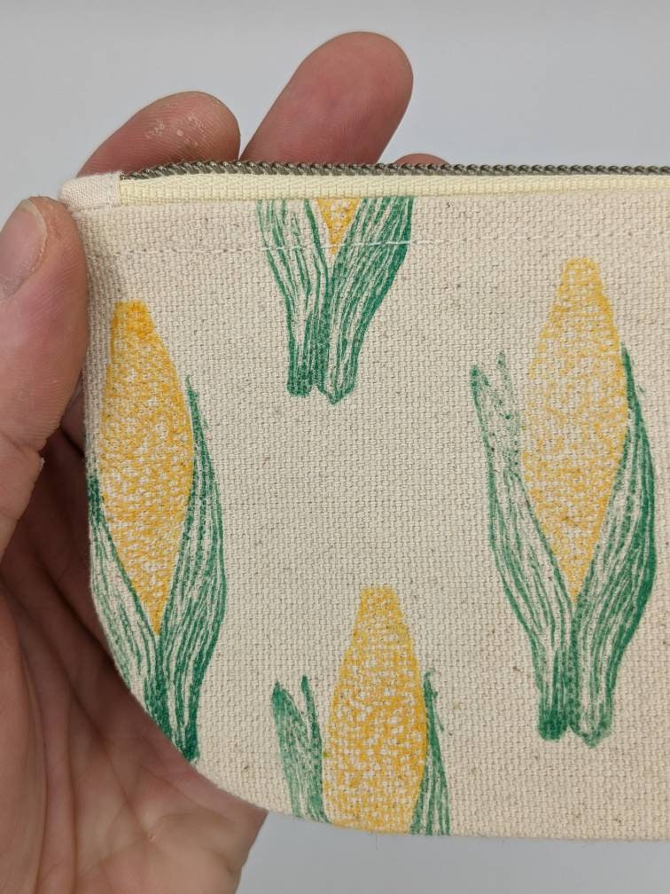 It's Corn! Half Moon Mini Zip Pouch - Block Printed Ear of Corn Pouch