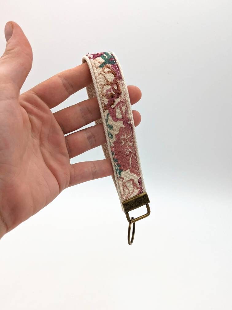 Pink Floral Block Printed Key Fob Wristlet