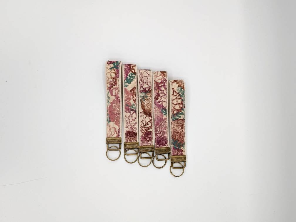 Pink Floral Block Printed Key Fob Wristlet